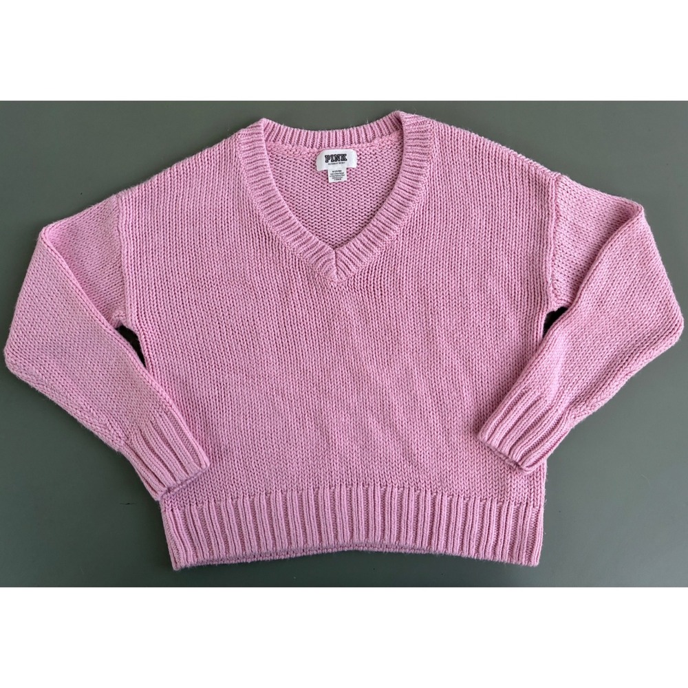 Pink Victoria's Secret V-Neck Chunky Knit Boyfriend Sweater Pastel Pink Medium
